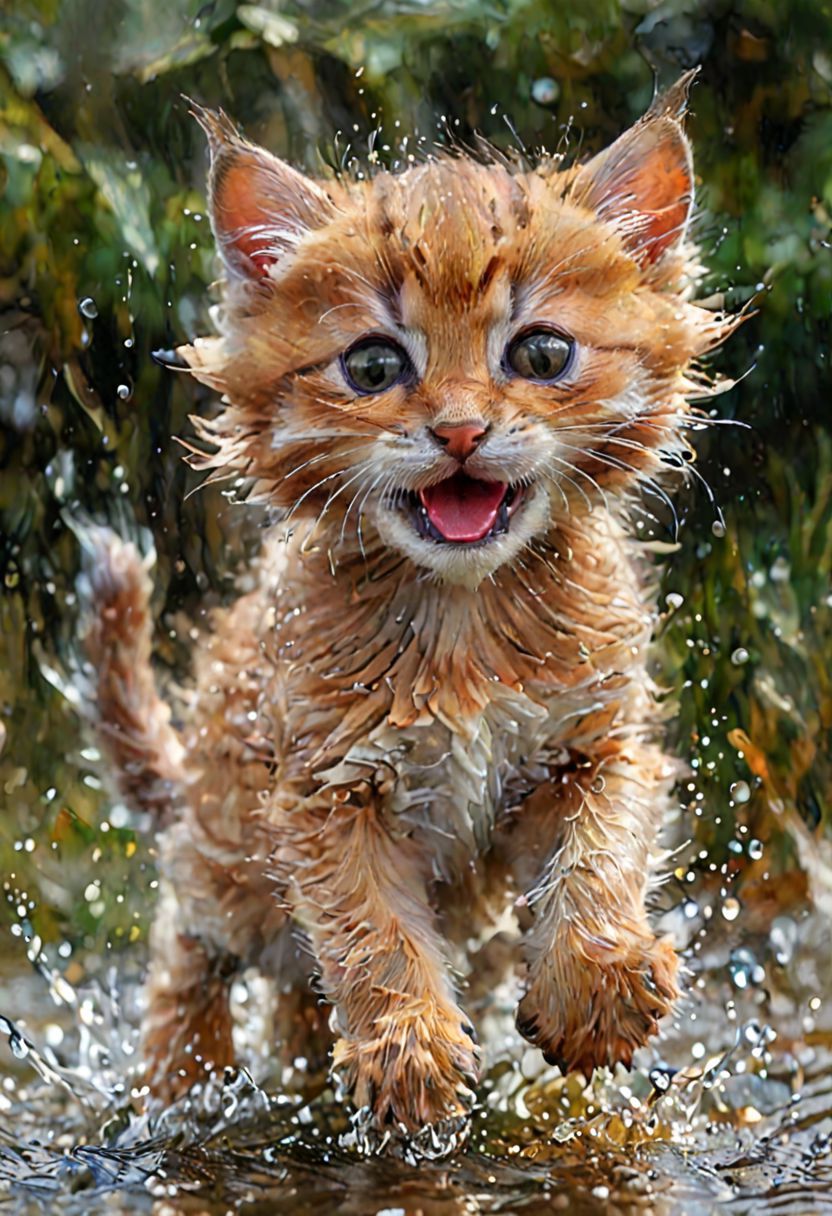tiny kitten realistic, wet nose, bristling fur, pose in stalking to catch a small mouse