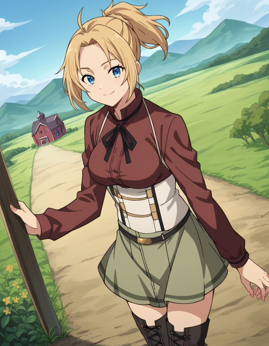score_9, score_8_up, score_7_up, source_anime,
zenithgreyrat, <lora:zenith-greyrat-s1-ponyxl-lora-nochekaiser:1>,
zenith greyrat, short hair, blonde hair, blue eyes, ponytail, ahoge,
skirt, shirt, thighhighs, long sleeves, ribbon, boots, black thighhighs, thigh boots, brown shirt,
outdoors, landscape, farm, smile,
looking at viewer, dutch angle, cowboy shot,