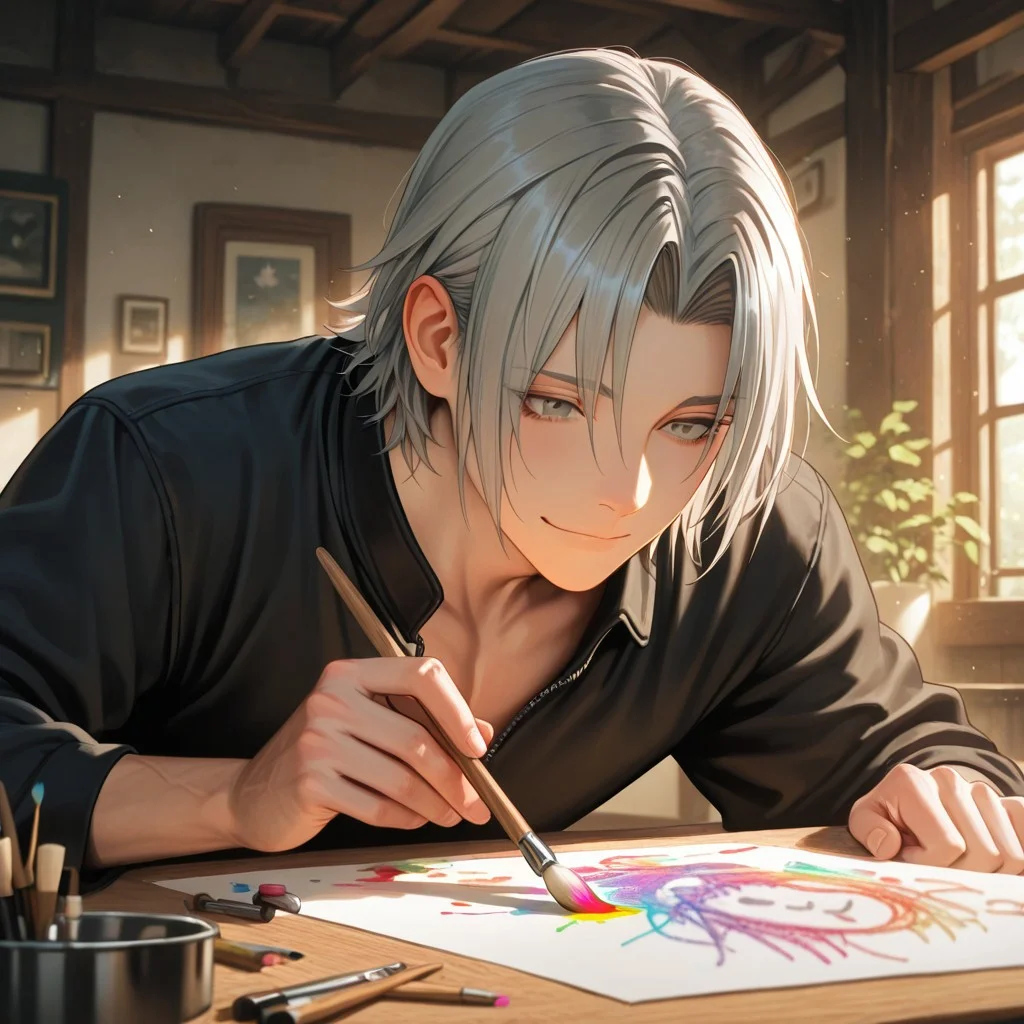 masterpiece, best quality, amazing quality, absurdres, newest, detailed background, definition so sharp, Ultra-HD, 8K cinematic, very awa, impressionate, amazing quality, highres,
solo, male focus, manly,
yashiroisana, 1boy, short hair, parted bangs, shiro_pretime, shiro_grey hair, shiro_grey eyes, drawing, focused expression, but with a slight smile, calm, art studio, natural light, paintbrushes, colorful, playful, aesthetic, creative