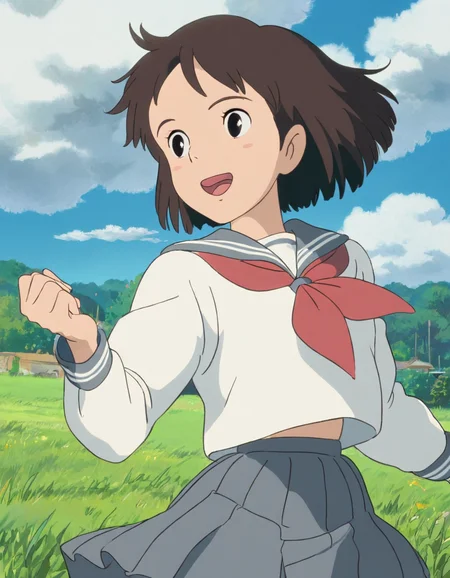 Studio Ghibli, hand-drawn animation style,
masterpiece, high score,
1girl, solo, smile, short hair, open mouth, skirt, brown hair, shirt, long sleeves, school uniform, white shirt, pleated skirt, outdoors, serafuku, sailor collar, black eyes, grass, red neckerchief, grey skirt
<lora:Ghibli_xl_v2:1>