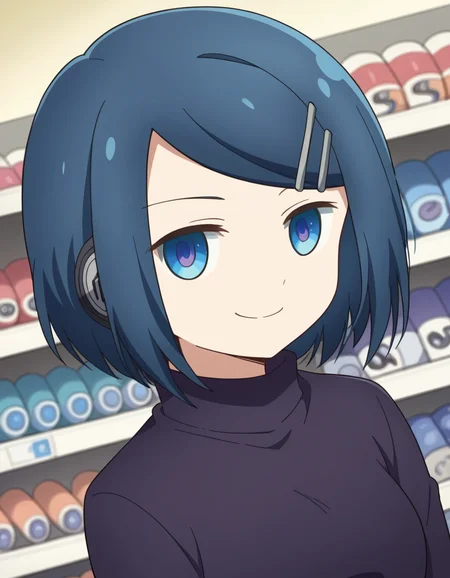 score_9, score_8_up, score_7_up, source_anime, <lora:dungeonpeople-clay-s1-ponyxl-lora-nochekaiser:1>, clay, short hair, blue eyes, black hair, hair ornament, blue hair, hairclip, swept bangs,, dress, belt, long sleeves, turtleneck,, music store, browsing records, headphones, vinyl collection, nostalgic, smile, looking at viewer, smug, hand on hips,, solo,, cowboy shot, dutch angle
