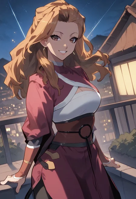 zPDXL3, score_9_up, score_8_up, score_7_up, (Anime_source), 1girl, HeoRanju, brown eyes, brownish hair, long hair, Ranju clothes, cowboy shot, looking at viewer, parted lips, standing on roof, particles, night, floating hair, dutch angle, smile