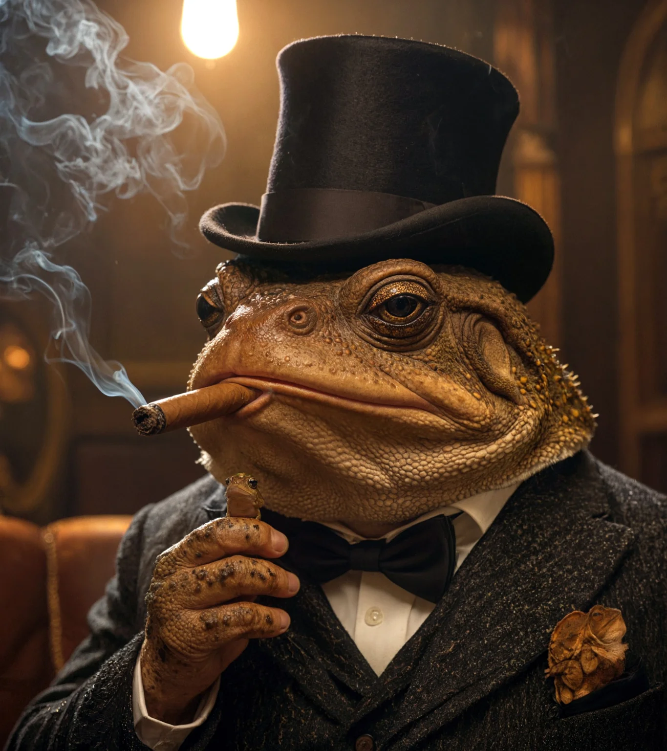 Portrait Photograph of a anthropomorphic human/toad hybrid, in a top hat holding a monacle to his eye, servant toads behind him waiting, Dapper Toad , smoking cigar , looking at the camera , 4k, 8k, highly detailed, cinematic, 8k, dramatic lighting, high detail, highly detailed, hyper realistic, intricate, intricate sharp details, 35mm photograph, film, bokeh, professional, 4k, highly detailed