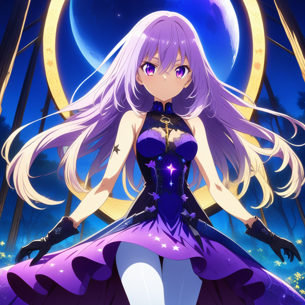 purple eyes, sky, solo, sleeveless dress, blonde hair, starry sky, hair between eyes, full moon, building, purple flower, holding, gloves, sword, elbow gloves, crossed bangs, very long hair, frills, cowboy shot, closed mouth, nature