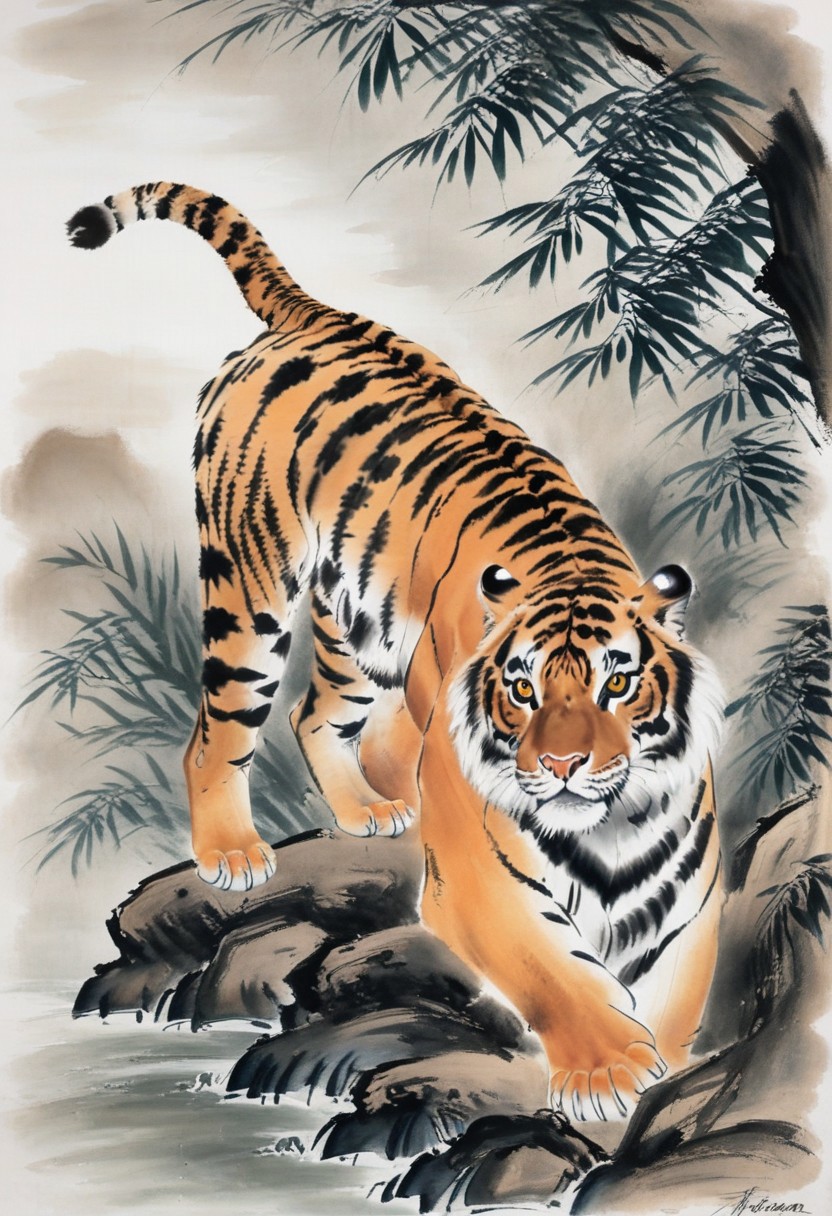 A tiger, traditional media, painting \(medium\),masterpiece,best quality,amazing quality