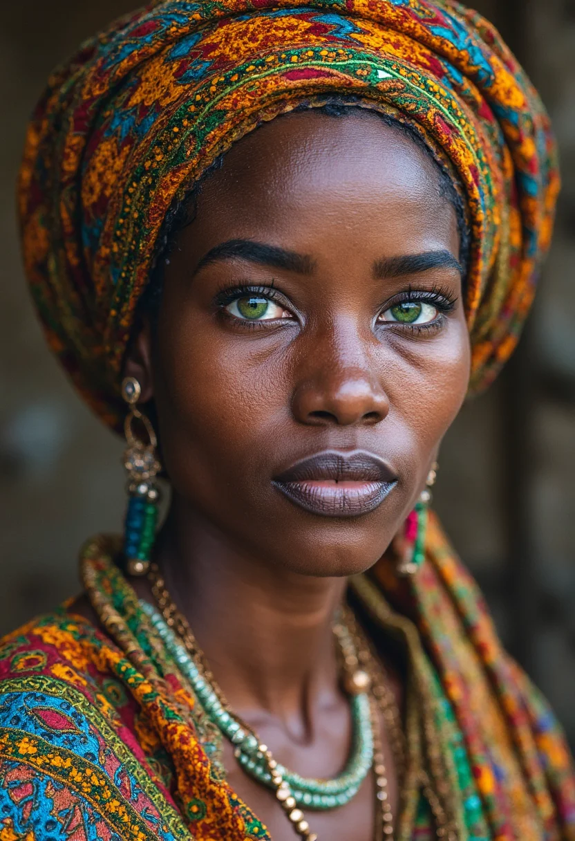 A breathtaking work of fine art photography, inspired by the iconic style of Steve McCurry, portrays a powerful portrait of a young Somali woman with striking green eyes. This cultural snapshot captures the essence and humanity of its subject through emotive imagery that transcends mere documentation. Rich colors burst from every corner of the frame, as if harkening to the vivid textiles and warm tones typical of the region's culture. The image was captured on analog film, imbuing it with a natural grain reminiscent of Kodachrome film stock. Intricate details abound in this masterpiece â from the delicate patterns adorning the woman's traditional headdress to the subtle wrinkles around her eyes that speak volumes about her life and experiences. The image is insanely detailed, yet maintains an organic feel through its use of natural lighting and expert compositional techniques, evoking a sense of intimacy and connection with the subject. This award-winning photography showcases the power of film as a medium for capturing not just images, but moments steeped in emotion and human storytelling.