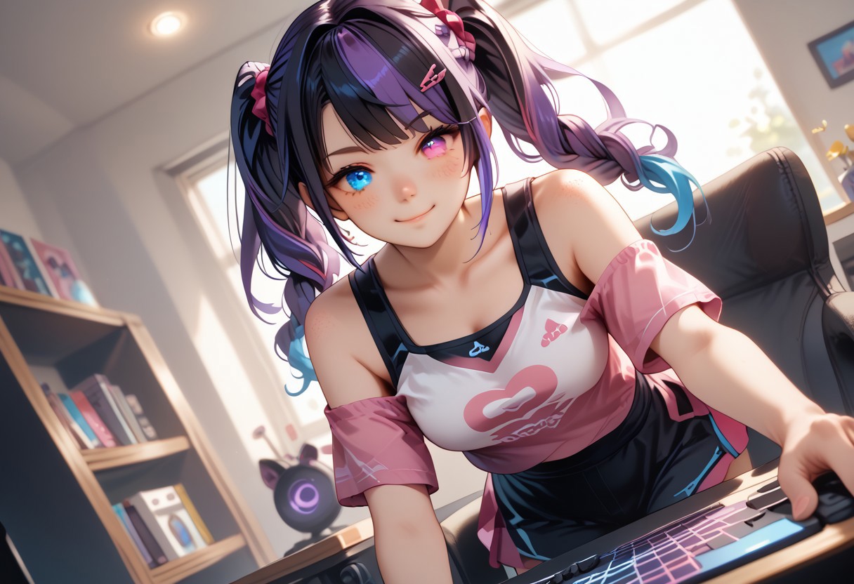 score_7_up,score_8_up,score_9 ((masterpiece,best quality,ultra detailed,highres,HD,4k:1.2) Sheepgirl, Twintails, Cornrow, Braided, Two-toned hair, Purple Hair, Black Hair, Heterochromia, Blue Eyes, Pink Eyes, Focused, Dance Outfit, Gamer, Leaning Forward in Chair, Dutch Angle, Anime