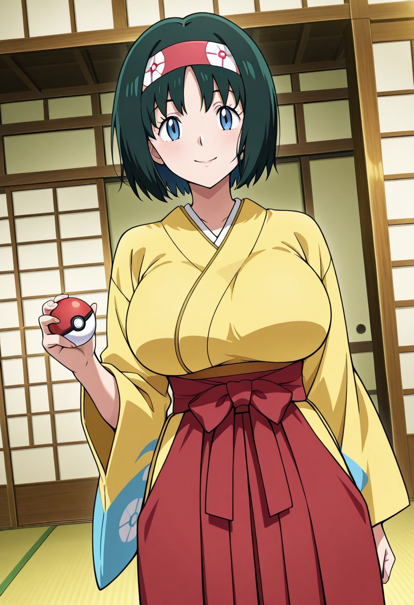 general,highres, ultra-detailed,very aesthetic,best quality ,best hands,best eyes,easynegative,
dynamic anglre, dutch angle, anime cloring,anime screencap,
1girl solo,looking at viewer,smile,japanese room,washitsu,holding poke ball,
Erika,black hair, huge breasts, blue_eyes, short hair, hairband,japanese clothes,kimono,