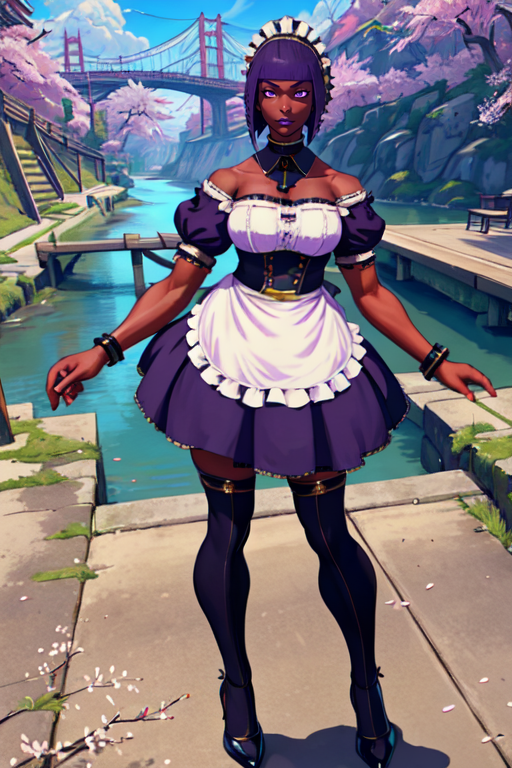 masterpiece,best quality,extreme detail,8k,<lora:menat-10:0.8>,menat2,1girl,solo,breasts,short hair,thighhighs,dress,purple hair,black thighhighs,dark skin,water,apron,high heels,dark-skinned female,wrist cuffs,maid,maid headdress,petals,detached collar,cherry blossoms,bridge,river,