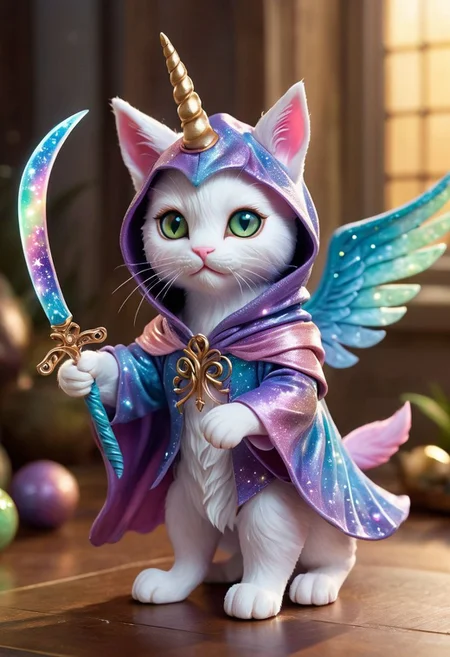 Illustrate a whimsical and enchanting scene featuring a colorful unicorn kitten dressed in a majestic reaper costume. The kitten's fur is a dazzling array of pastel hues, ranging from soft pinks and blues to vibrant purples and greens, creating a mesmerizing display of colors. Its large, expressive eyes shimmer with a playful glint, reflecting the mischievous spirit within. The kitten's delicate unicorn horn sparkles with a magical iridescence, casting a ethereal glow around it.
The reaper costume is intricately detailed, with flowing, dark robes adorned with intricate patterns of swirling galaxies and twinkling stars. The hood of the costume frames the kitten's adorable face, while a pair of tiny, delicate wings sprout from its back, shimmering with an otherworldly light. A miniature scythe, crafted with exquisite precision, is held delicately in one paw, adding a touch of eerie elegance to the ensemble.
The background is a fantastical dreamscape, with swirling vortexes of pastel colors and shimmering stardust creating a sense of wonder and magic. Glowing orbs of light dance around the kitten, illuminating its costume and casting a soft, ethereal glow over the entire scene. The air is filled with a sense of mystery and enchantment, as if the kitten in its reaper costume holds the key to a hidden realm of whimsy and delight.