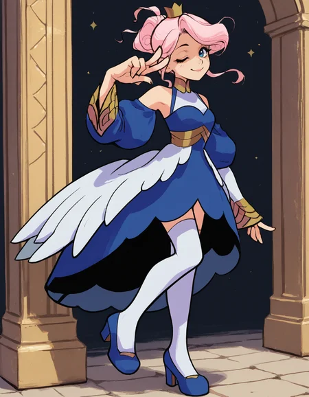 score_9, score_8_up, score_7_up,
lvshh2rm0nie,1girl, solo,
mini crown,single hair bun, pink hair,
blue dress,
one eye closed, smile, full body, high heels, v over eye, standing on one leg, looking at viewer, closed mouth, leg up,
<lora:Harmonie_Pony_lvsh:1>