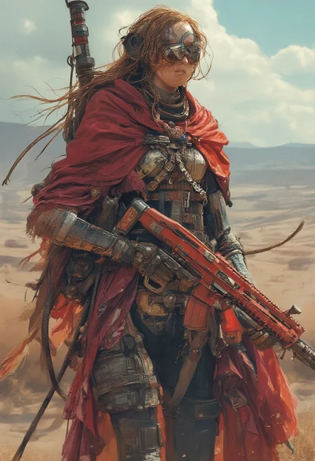 a fullb ody shot of tall vikingpunk woman holding an red mad-srgns m41a rifle, she is wearing a futuristic plate armor with face mask and red cloak that are covered in celtic runes, her ginger braided hair floats in the wind as she through a barren desert,  <lora:ck-nc-pastel-cyberpunk:1.2> <lora:fluxVikingPunk:0.6>  <lora:M41A_FLUX_000000800:0.8>