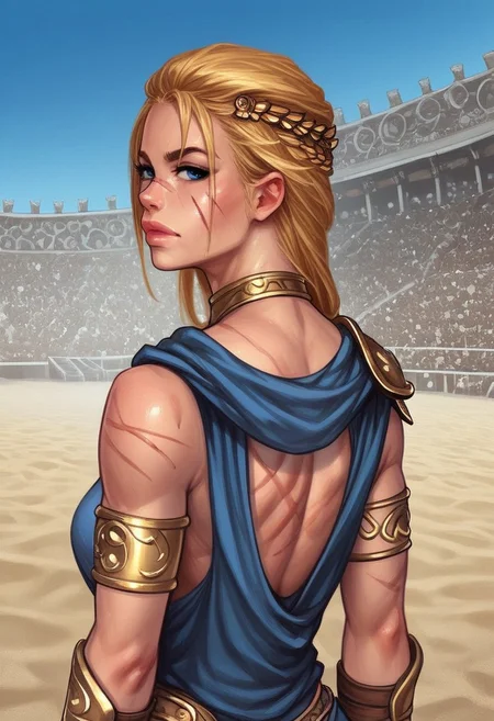 1girl, (((back view))), illustration, highly detailed, skinny, model body, looking at viewer, 1girl, masterpiece, best quality, femgladiator, scar, bloody, dynamic pose, <lora:Gladiator_F_For_Honor:0.9>
BREAK
(((((Bestiary gladiator armor, scars on face))))), ((((dynamic pose))))
long hair, blonde hair, big hair, blue eyes,
(((a short soft tunic, arms and legs bandaged with tight bandages)))
best quality, depth of field, bokeh, (((full clothed))),
BREAK
((((outdoor, gladiator arena, sand, colosseum, scars on body, bloody:1.2)))) score_9, score_8_up, score_7_up, score_6_up, source_cartoon, rating_explicit, Expressiveh, ((((upper body))))), dynamic pose,