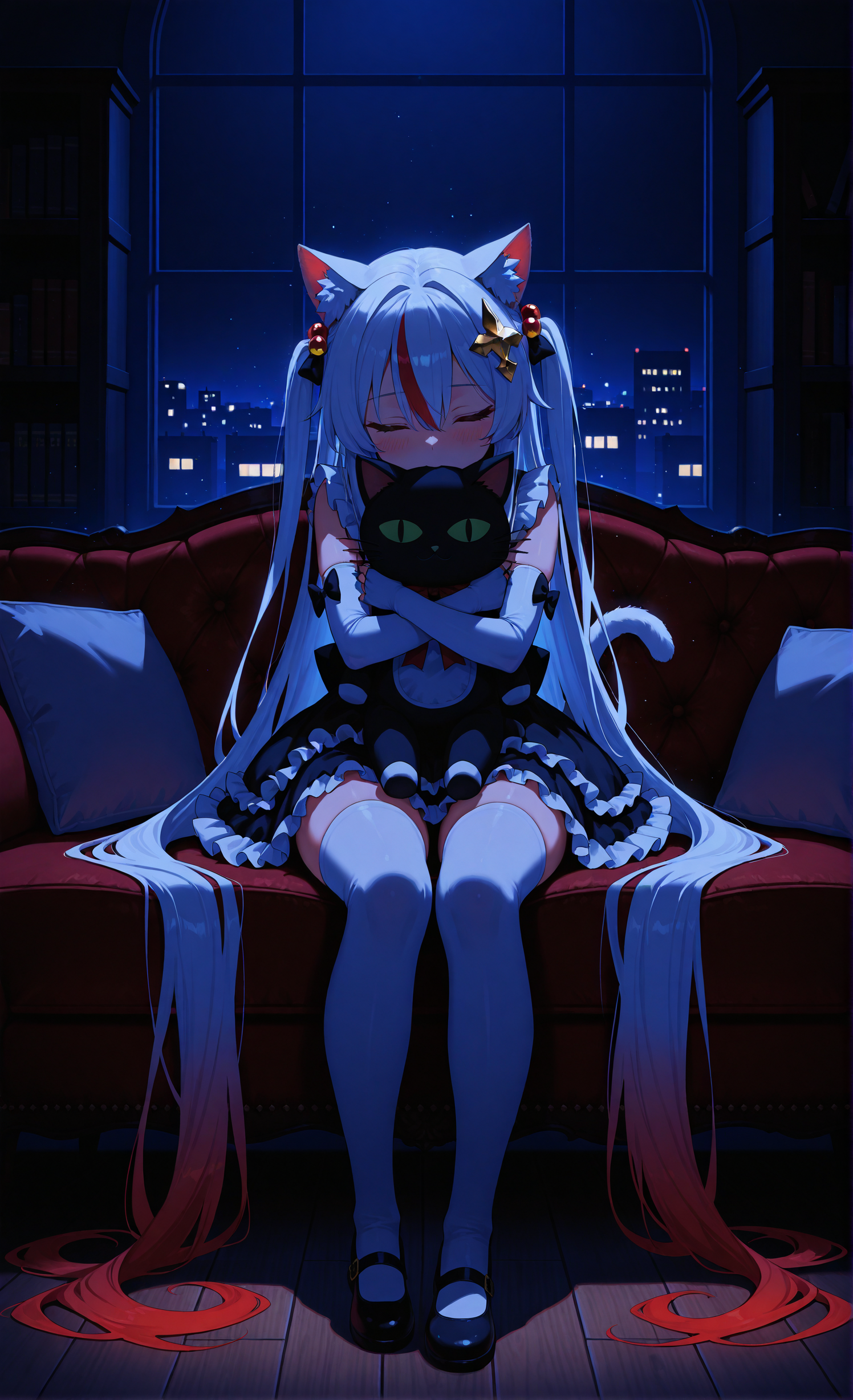 masterpiece, sharp detail, intricate detail, 1girl, white hair, solo, absurdly long hair, looking at viewer, blush, bangs, shirt, golden hair ornament, elbow gloves, fingerless gloves, <lora:hotarueye_xl_closed3_v10:1> closed eyes, dress, bow, animal ears, hair between eyes, sitting, red hair, tail, white shirt, gradient hair, frills, cat ears, two side up, streaked hair, cat tail, animal ear fluff, black bow, dress, thighhighs, mary janes, one side up, stuffed toy, frilled dress, stuffed animal, frilled skirt, hair bobbles, cat girl, object hug, stuffed cat, chiaroscuro, volumetric lighting, dappled light, light particles, dramatic shadows, cinematic lighting, detailed background, light and shadow contrast,  indoors,  on sofa, night, huge window, city outside, bookshelf, wooden floor,   <lora:darkness_xl_v20:0.7>