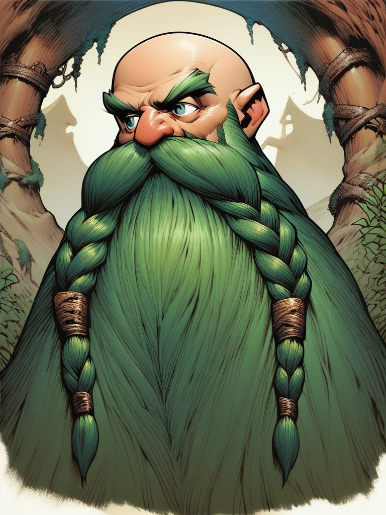 Gothic style , score_9, score_8_up, score_7_up, score_6_up, score_5_up, score_4_up, <lora:Harry_Dwarf_Pony_XL:1>,
Harry_Dwarf, bald, bangles, with long Green beard and braided moustache, exciting, dynamic . Dark, mysterious, haunting, dramatic, ornate, detailed