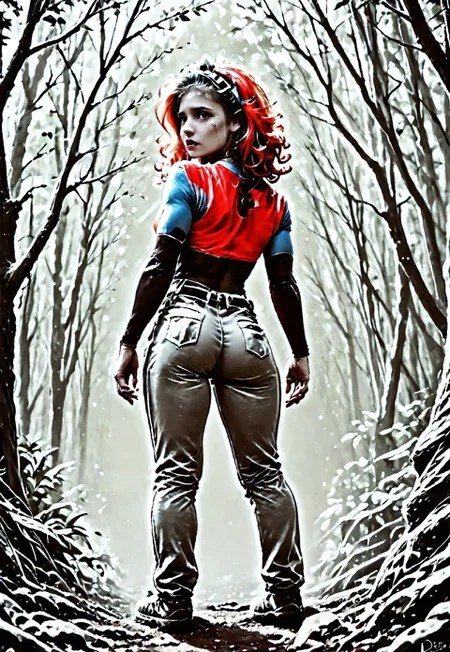 score_9, score_8_up, score_7_up, Realistic, cinematic shot, selective color, monochrome background, 4k, Gadget, side view,
1girl, solo, 
(((Girl in an alien forest, correct hand anatomy, feminine hands, shocked, scared, terrified, crying, standing, lost, looking over her shoulder, dramatic angle, rear view, view from back, looking back, looking at viewer, from behind, facing away from the viewer, full body shot))), 

blonde, grayscale with red highlights, 18yo, smile, perfect face, stunning, breathtaking face, detailed face, perfect teeth, expressive eyes, extremely cute, medium boobs, round stomach, easynegative, ALRGFC, alluring face, sexy, hetero, flushed, red top of cheek,

Pear-shaped figure, short female, stocky, perfect round butt, wide hips, narrow waist, strong legs, thick thighs, long legs, short torso, narrow shoulders, 

Work clothes, space mechanic outfit, thick cargo pants, midriff, 

Detailed background, alien jungle, alien flowers, alien fauna, lianas, impossible trees, two moons, outdoors,

pdcUitCU5_, highres, absurdres, in focus, sharp focus, negative_hand,

Stable_Yogis_PDXL_Positives, CyberRealisticPony_POSV1, 