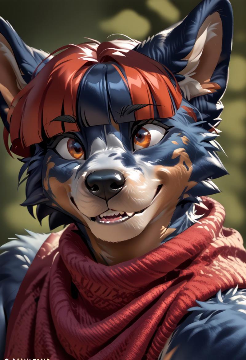 score_9, score_8_up, score_7_up, (by kittydee:1.5), (by jailbird:1.5), (by zummeng:1.5), masterpiece, best quality, (solo), 
(Furry Art: Anthro: Australian Cattle Dog:1.5), expressive eyes, feminine eyes, perfect face, feminine face, large breasts, perfect face, (blue speckled fur:1.5), orange eyes, streaked hair, red hair with orange highlights, (bob cut hair), (blunt bangs:1.5),