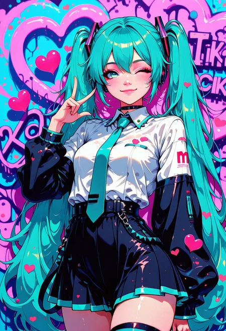 artist:moriimee, in the style of cksc, in the style of cknc, hrtdrp, Hearts Drips, masterpiece, best quality, good quality, very aesthetic, absurdres, newest, 8K, depth of field, focused subject, BREAK  hatsune miku, vibrant, hearts, graffiti, sakura petals, smile, wink, cowboy shot, dynamic pose
