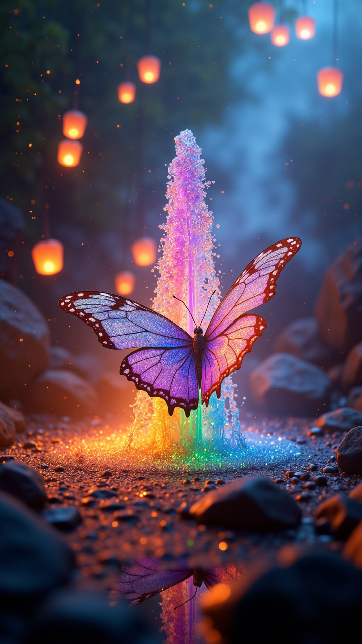 cinematic photo a radiant rainbow fountain bursts forth from a kaleidoscope of glittering gemstones, as a majestic butterfly with iridescent wings and a trail of sparkling stardust unfurls its delicate beauty amidst the shimmering mist, surrounded by a chorus of singing fireflies and a procession of gleaming lanterns carried by dancing clouds. . 35mm photograph, film, bokeh, professional, 4k, highly detailed     , aidmaMJ6.1