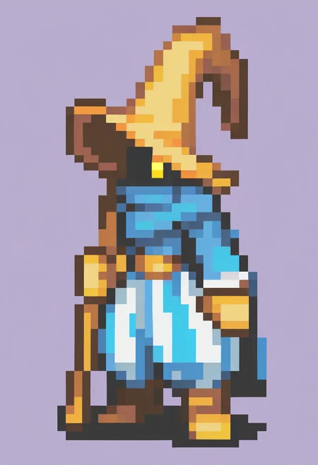 masterpiece, best quality, solo, 1boy, <lora:FEGBA-Sprites-illus_Fp:1>, simple background, pixel art, full body, <lora:Ziggy-illus_Fp:1>, ziggy, yellow eyes, shaded face, faceless, no mouth, wizard hat, striped pants, cloak, robe, gloves, puffy pants, holding staff, boots,
