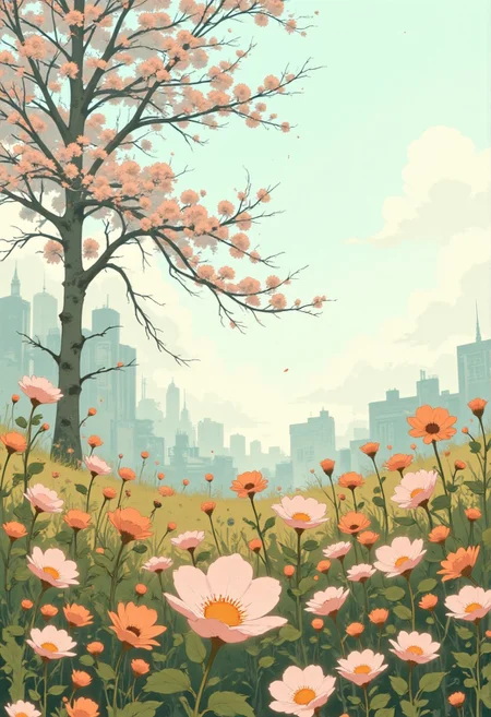 A soft meadow under a pale morning light, scattered with delicate pastel flowers, each petal shaped like a quiet whisper of renewal. A single tree, its branches adorned with budding blossoms, stands in the background against a clear sky, a faint haze of warmth enveloping the scene.