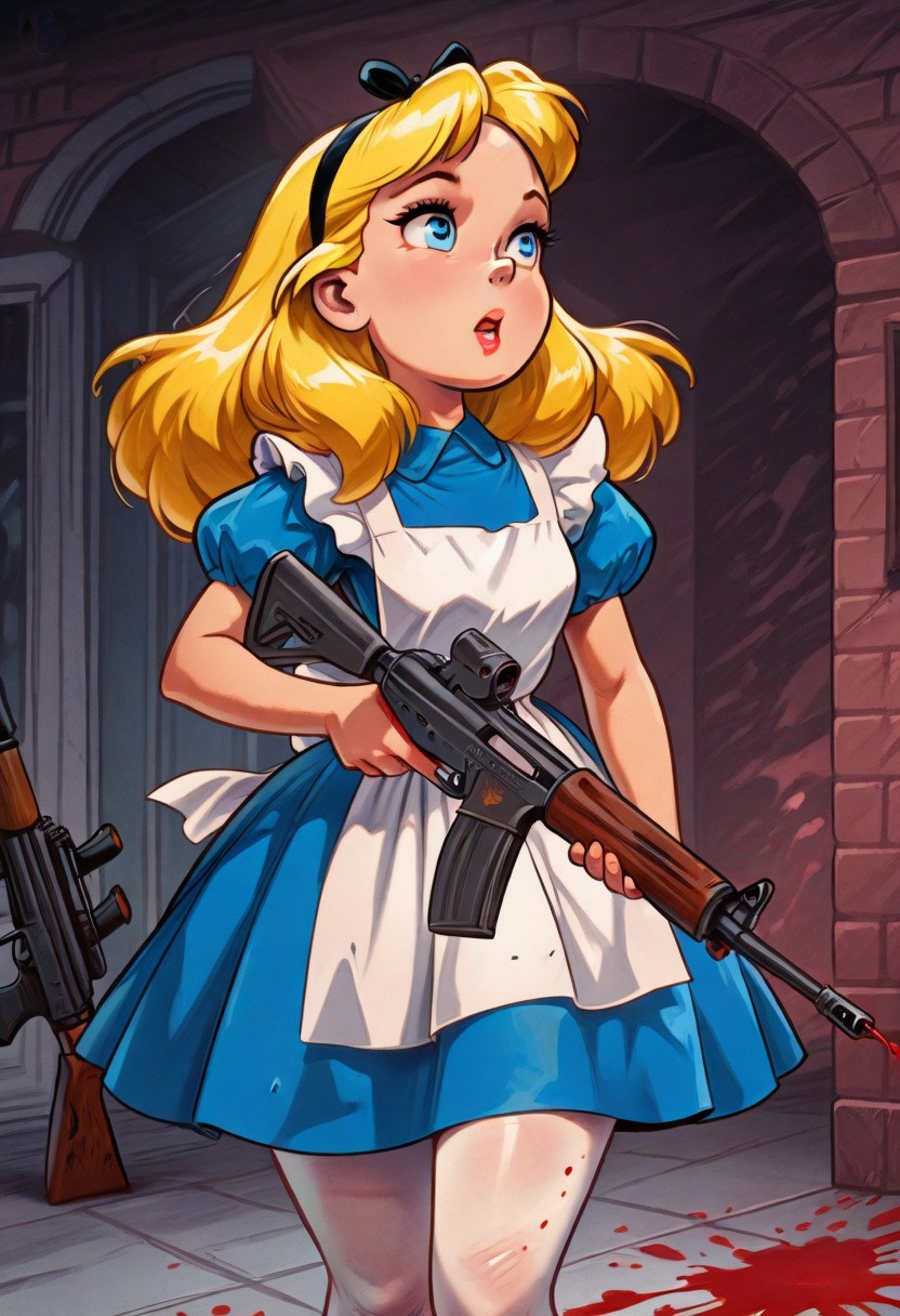 masterpiece, best quality, newest, absurdres, highres, AliceWaifu, blonde hair, blue eyes, white apron, blue dress, puffy sleeves, white pantyhose, hairband, blood splatter, weapon, rifle, assault rifle, holding, holding rifle, VintageComix, vintage, retro aesthetic, comic art