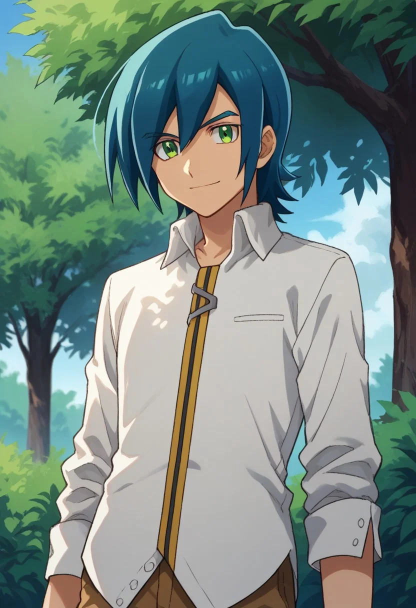 score_9, score_8_up, score_7_up, source_anime, highly detailed,
hayato, solo, 1boy, male focus, upper body, green eyes, blue hair, standing, shirt,
pants, brown pants, white shirt, looking at viewer, smile,
outdoor, sky, tree