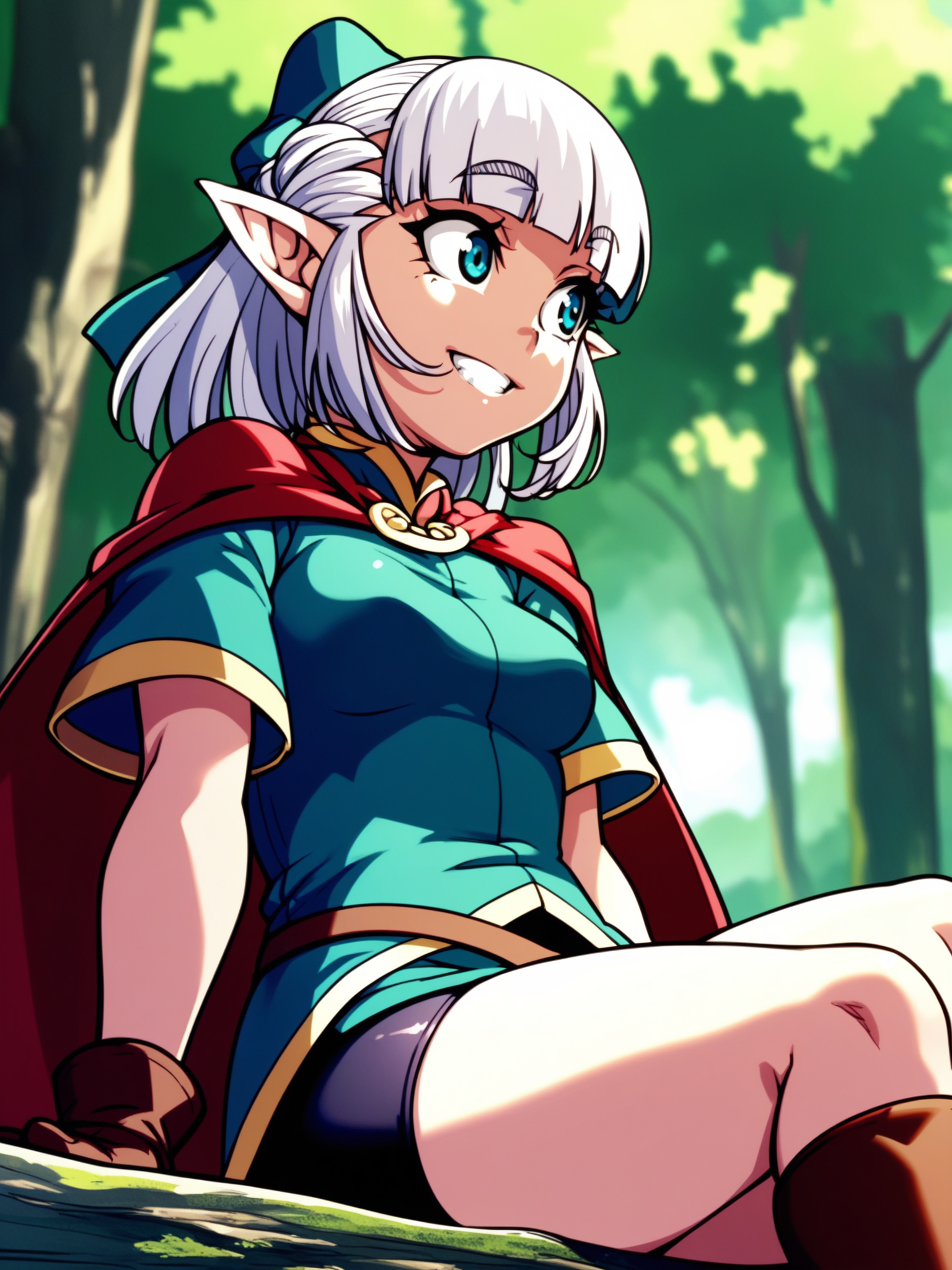 <lora:happy_tentacle-fana-v0.1-000029:1>, ht_fana, hair bow, adventurer, cape, short sleeves, bike shorts, gloves, covered nipples, outdoors, forest , medieval, 1girl, solo, portrait , , ( smile :1.1), , looking away , sitting , from below , score_9, score_8_up, score_7_up, score_6_up, score_5_up, score_4_up
