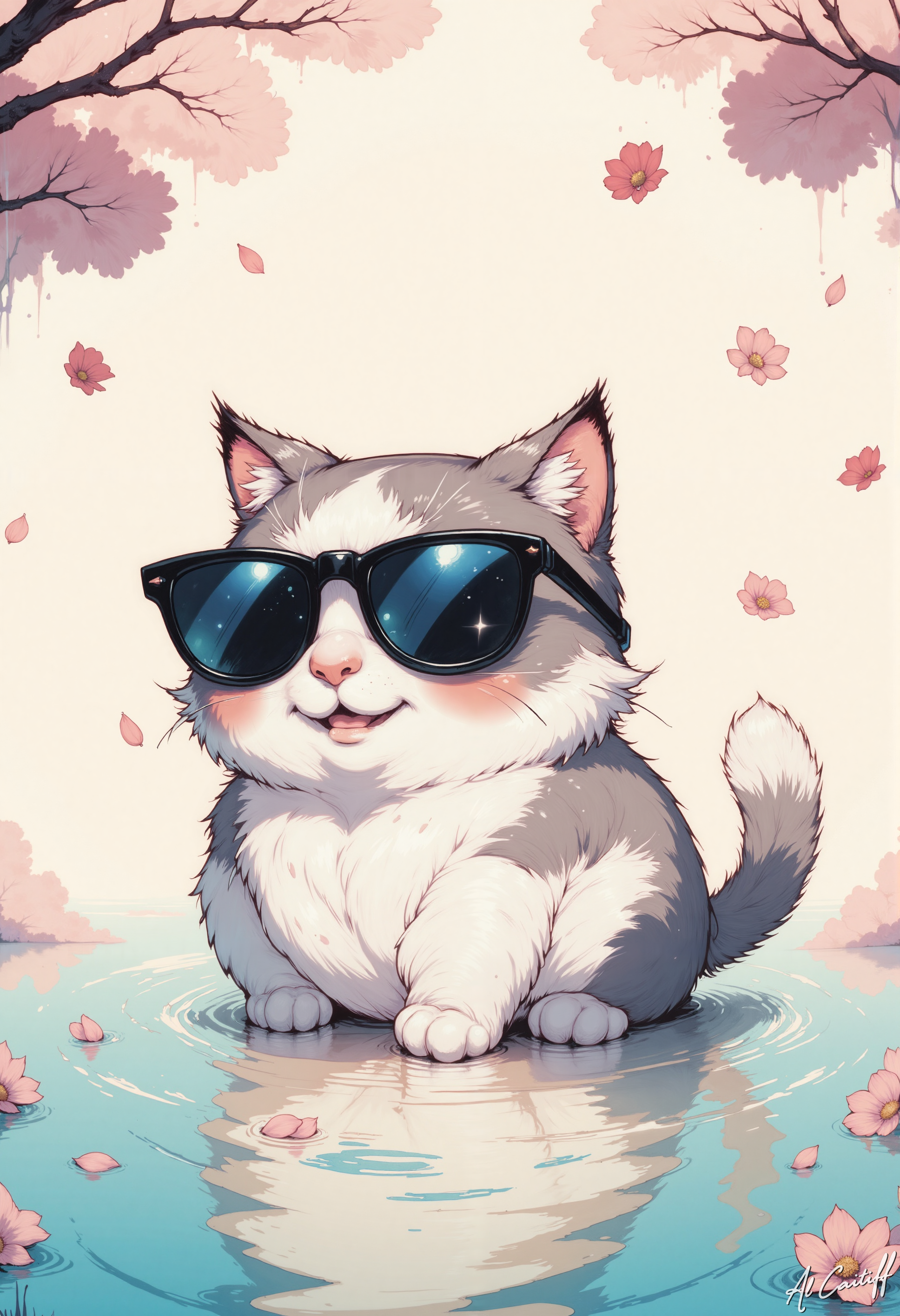 MysticComic, A cute, chubby, gray and white cat wearing sunglasses, wading in a pool of water amidst falling cherry blossoms.  The cat is stylized, with soft, rounded features. The water reflects the cat and blossoms, creating a soft, ethereal impressionist effect.  The colors are light pinks, grays, and whites, with subtle variations in hue.  The blossoms are light pink and delicate. The cat's expression is happy and playful.  Water ripples spread outward from the cat, and the falling petals are various shades of soft pink.  The overall style is whimsical and charming, with a focus on delicate lines and soft color gradients.  The setting is likely a springtime scene, with a sense of gentle movement and tranquility.<lora:CustomFlux/MysticComic-v3.safetensors:1.0:1.0> <lora:CustomFlux/MysticFantasy.safetensors:0.25:0.25>