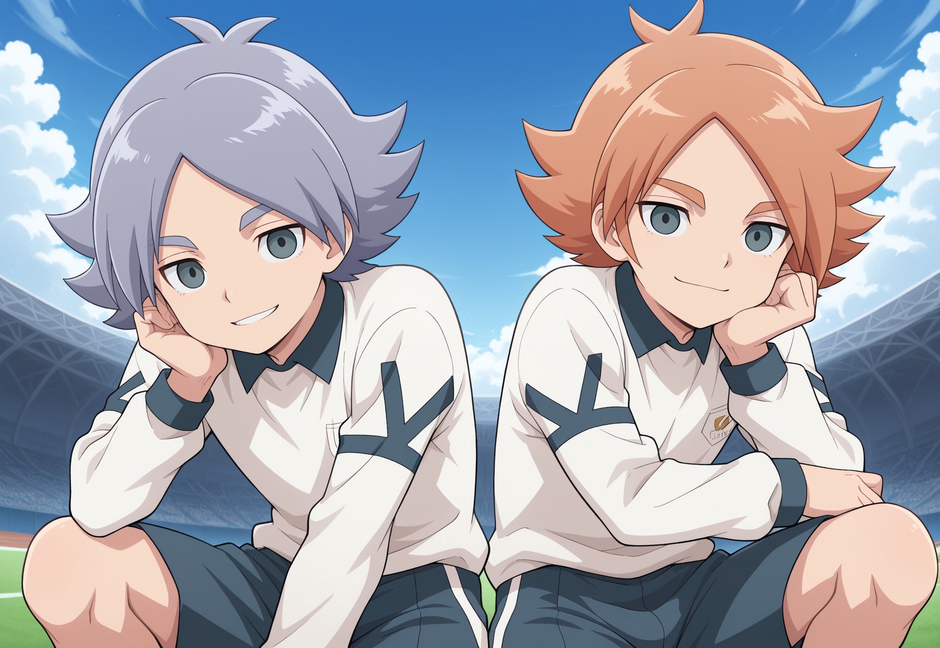masterpiece,best quality,amazing quality, source_anime, 
2boys, brothers, looking at viewer, smile,
alpine soccer unifor, shirt, white shirt, long sleeves, shorts, grey shorts, 

FubukiAtsuya, 1boy, male focus, grey eyes, orange hair, BREAK

fubukishirou, 1boy, male focus, grey hair, parted bangs, grey eyes, BREAK

outdoor, sky, day, clouds,