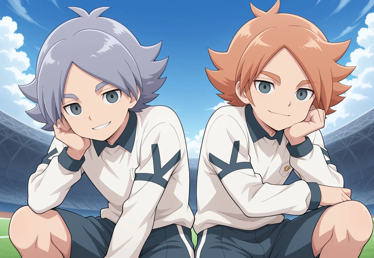 masterpiece,best quality,amazing quality, source_anime,
2boys, brothers, looking at viewer, smile,
alpine soccer unifor, shirt, white shirt, long sleeves, shorts, grey shorts,
FubukiAtsuya, 1boy, male focus, grey eyes, orange hair, BREAK
fubukishirou, 1boy, male focus, grey hair, parted bangs, grey eyes, BREAK
outdoor, sky, day, clouds,
