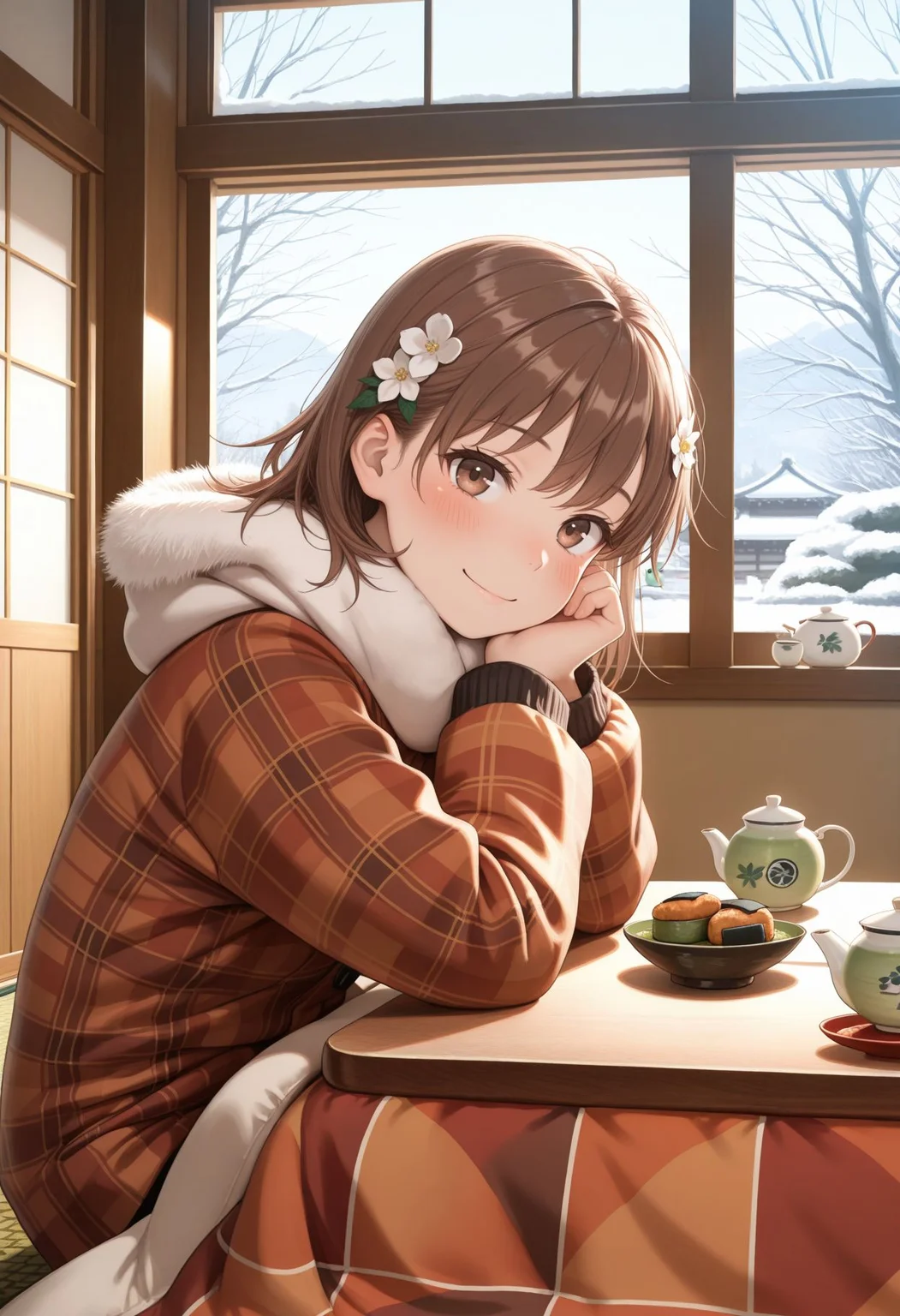masterpiece,amazing quality,best quality,ultra-detailed,
from side, warm scenery,
<lora:Misaka Mikoto :1> 1girl, brown hair, brown eyes, medium hair, hair flower, winter clothes, tea, kotatsu, low table, small japanese teapot, green tea, senbei, smile, blush, looking at viewer