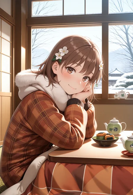 masterpiece,amazing quality,best quality,ultra-detailed,
from side, warm scenery,
<lora:Misaka Mikoto :1> 1girl, brown hair, brown eyes, medium hair, hair flower, winter clothes, tea, kotatsu, low table, small japanese teapot, green tea, senbei, smile, blush, looking at viewer