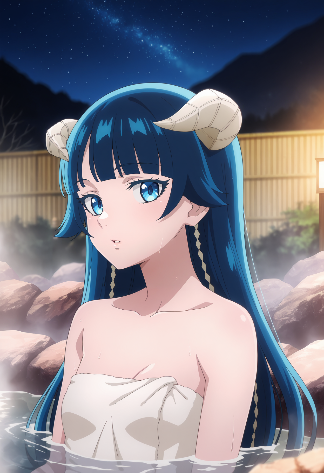 anime screencap, masterpiece, best quality,
<lora:KekkonYubiwaMonogatari_SaphirMaasa_IlluXL:0.9>,
1girl, solo, parted lips,
blunt bangs, long hair, blue hair, blue eyes, horns,
steam, naked towel, small breasts,
sitting, partially submerged, looking at viewer, upper body,
outdoors, onsen, night, starry sky, photo background, blurry background