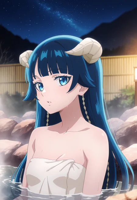 anime screencap, masterpiece, best quality,
<lora:KekkonYubiwaMonogatari_SaphirMaasa_IlluXL:0.9>,
1girl, solo, parted lips,
blunt bangs, long hair, blue hair, blue eyes, horns,
steam, naked towel, small breasts,
sitting, partially submerged, looking at viewer, upper body,
outdoors, onsen, night, starry sky, photo background, blurry background