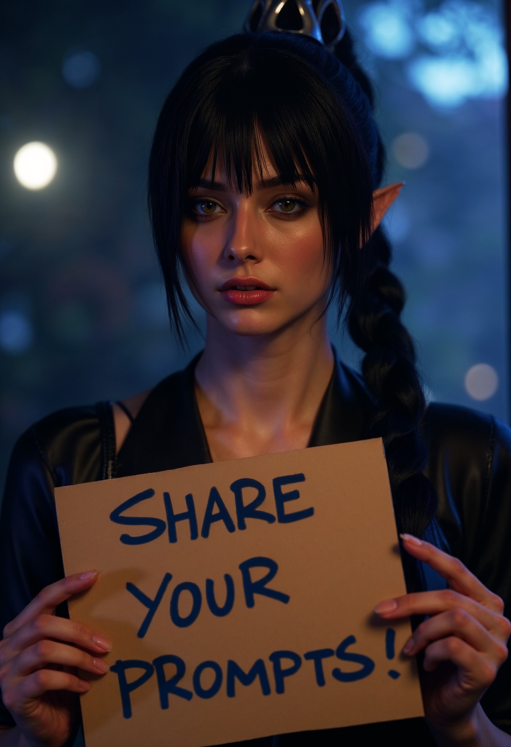 ultra realistic photo of Shadowheart holding a sign that says "Share your prompts!" in graffiti cool font, her top is dark, long black braided hair, circlet, (maximum ultra high definition image quality and rendering:3), maximum image detail, maximum realistic render, (((ultra realist style))), realist side lighting, , 8K high definition, realist soft lighting, (amazing special effect:3.5)  <lora:FluxShadowHV1:1>