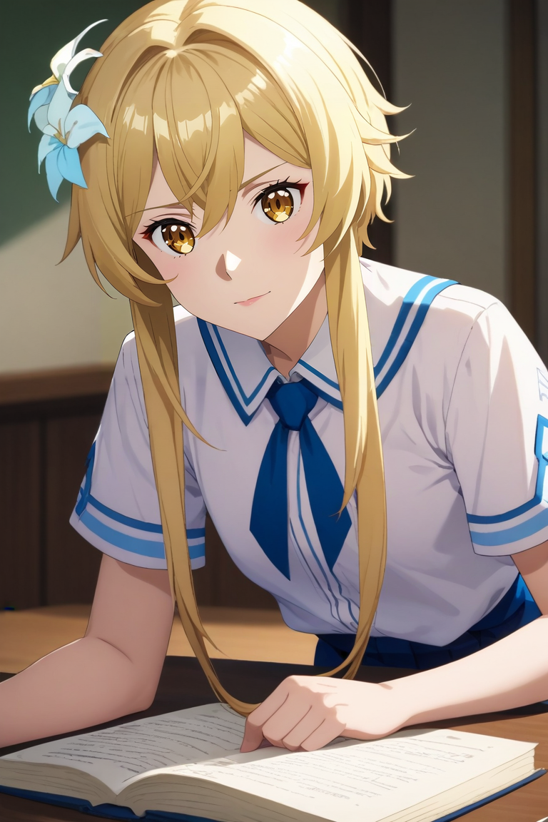 score_9, score_8_up, score_7_up, source_anime, rating_safe, , (realistic:0.6), , , 1girl, lumine \(genshin_impact\), blonde hair, yellow eyes, short hair with long locks, hair flower, solo, rule of thirds, school, noon, leaning on object, :o, <lora:sao_alicization_style_pony:0.74>, sao_alicization_style, <lora:sdxl_lightning_8step_lora:1>