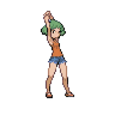 1girl, 
green hair, short hair, arms over head, tank top, denim shorts