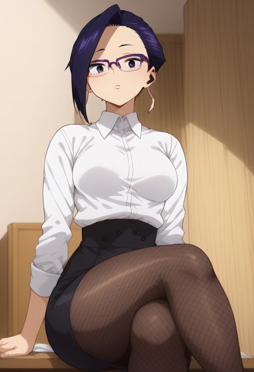 score_9, score_8_up, score_7_up, source_anime, 
BREAK
mika jiro,<lora:Mika Jiro - v:3>,My Hero Academia,short hair, black eyes,dark purple hair, earlobes, earphone plugs, glasses, slim body,perfect eyes, medium breasts,
BREAK
white shirt, high collar, sleeveless, black skirt, pencil skirt, fishnet pantyhose, 
BREAK
sitting at desk, legs crossed