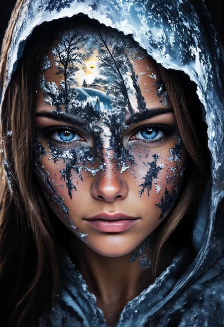 aidmaMJ6.1, darkcore, Jeddblexpsre,double exposure, ethereal. A close-up shot of a breathtaking young womanâs face, where her facial features are softly blended with an ethereal overlay of a misty winter forest . Her piercing blue eyes and delicate skin textures are visible through the translucent silhouette of the forest, creating a dreamy, surreal double exposure effect. The icy crystals on the hood of her light blue medieval cloak merge harmoniously with the natural elements. The soft lighting highlights both the woman and the superimposed scene, while shadows and highlights enhance the depth, giving the composition a balanced, thought-provoking appearance., <lora:FluxDFaeTasticDetails.safetensors:1.0:1.0> <lora:aidmaMJ6.1-FLUX-V0.2.safetensors:1.0:1.0> <lora:Flux DoubleExposure_epoch_1.safetensors:1.0:1.0> <lora:NebulaNexus_v1.safetensors:0.7000000000000001:0.7000000000000001>