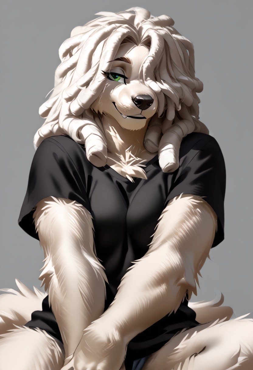 score_9, score_8_up, score_7_up, (by zummeng:1.5), (by jailbird:1.5), (by kittydee:1.5), masterpiece, best quality, (solo), 
(Furry Art : Anthro : komondor:1.5), 1girl, expressive eyes, feminine eyes, perfect face, feminine face, (white hair), (dreadlocks:1.5), feminine body, (medium breasts), dog, canine, hungarian sheepdog, (corded fur:1.5), (dreadlock fur:1.5), (long fur:1.5), (white fur), (hair covering one eye:1.5), (black t-shirt:1.5), (green eyes),