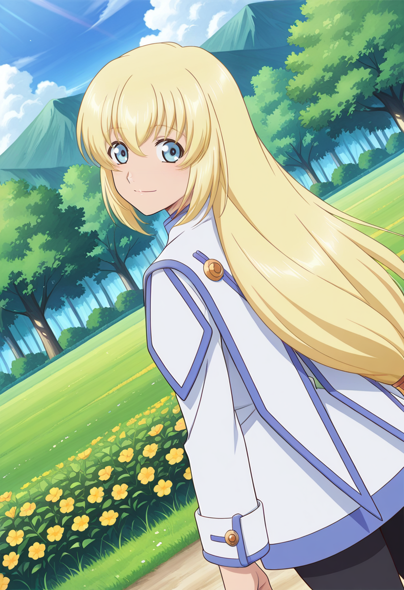 grass, day, flowers, trees,
BREAK,
light smile,  looking back,
cowboy shot, dynamic angle, from behind,
BREAK,
<lora:coletteXL_illustriousXL_v01:0.9>
colettedef, blonde hair, blue eyes, long hair, hair between eyes,
blue trim, white robe,
pantyhose,, source_anime, very aesthetic, anime coloring, masterpiece, 
best quality, amazing quality, ultra detailed, very aesthetic, 
detailed background, 
BREAK,