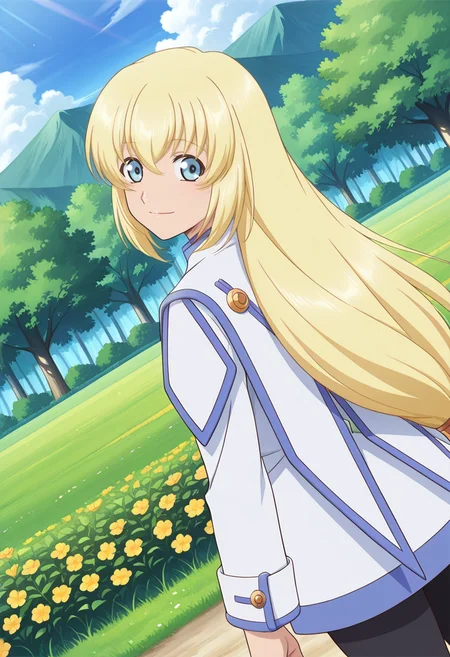 grass, day, flowers, trees,
BREAK,
light smile, looking back,
cowboy shot, dynamic angle, from behind,
BREAK,
<lora:coletteXL_illustriousXL_v01:0.9>
colettedef, blonde hair, blue eyes, long hair, hair between eyes,
blue trim, white robe,
pantyhose,, source_anime, very aesthetic, anime coloring, masterpiece,
best quality, amazing quality, ultra detailed, very aesthetic,
detailed background,
BREAK,