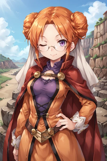 score_9, score_8_up, score_7_up, score_6_up, source_anime, BREAK,<lora:Eudy:0.6> , eudef, 1girl, purple eyes, orange hair, double bun, doughnut hair bun, pince-nez, glasses, cape, veil, orange dress, shirt under dress, purple shirt (looking at viewer), hand on hip, one eye closed, smile, closed mouth, upper body, cliff, wasteland, valley, scenery, <lora:backgroundsetXL:0.4> , background, <lora:m0njy4XLP:0.6> , m0njy4,