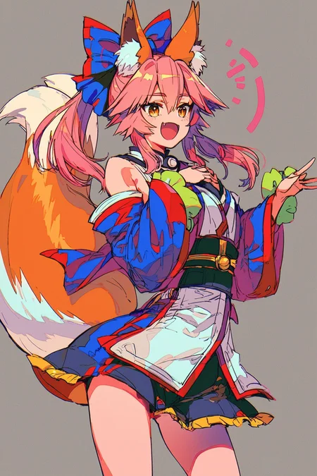 score_9, score_8_up, score_7_up, tamamo \(fate\), animal ear fluff, animal ears, fox ears, fox girl, fox tail, pink hair, tail, solo, solo focus, cowboy shot, simple background, Standing with one hand on the chest, looking proud, <lora:mizucx2:1>