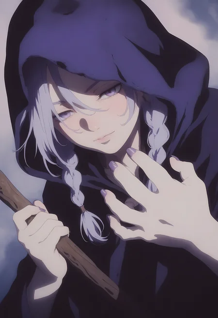 LDSCH, aesthetic, , masterpiece, best quality, absurdres, very aesthetic, highres, very awa,
1girl, face focus, twin braids, dutch angle, light smile, fog, holding mage staff, hood up, cloak, hand focus, dynamic pose, purple nails, hair between eyes, <lora:LDSCH_v2:1>