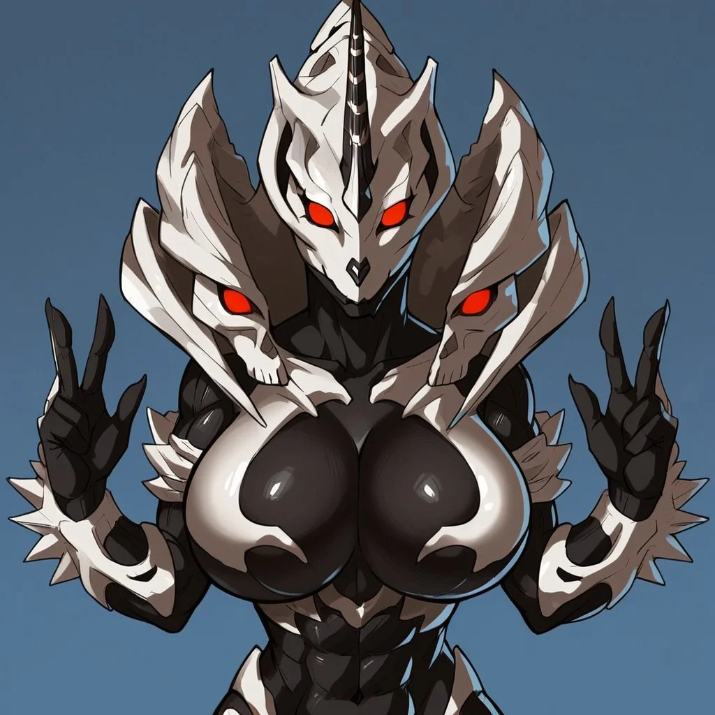 score_9, score_8_up, score_7_up, Expressiveh, masterpiece, best quality, highly detailed, realistic, (zPDXL3), 1girl, solo, (MXGZ, big breasts, anthro, alien, monster, kaiju, horn, spikes, bone, red eyes, no pupils, black body, white body, two tone body), upper body, smile, closed mouth, (blue background, simple background), looking at viewer, standing, front view, upper body, muscular female, (peace sign, claws), (((4 fingers)))