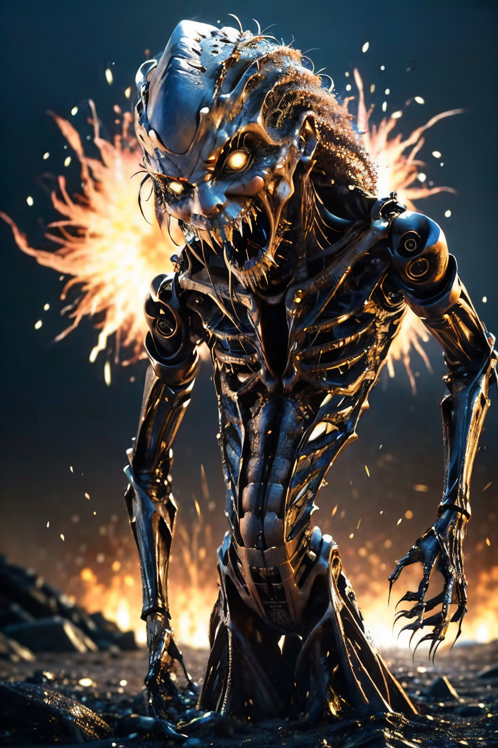 woman,  bone, sharp_teeth, tongue_out, glowing, glowing_eyes, ribs, <lora:EdobMonsterFemale2_v2.0:0.7> explosions in the background, night sky, full body shot (Realisitc:1.5) woman terminator, big breasts, <lora:EdobTerminatorHybridFemale_v1.0:0.5>