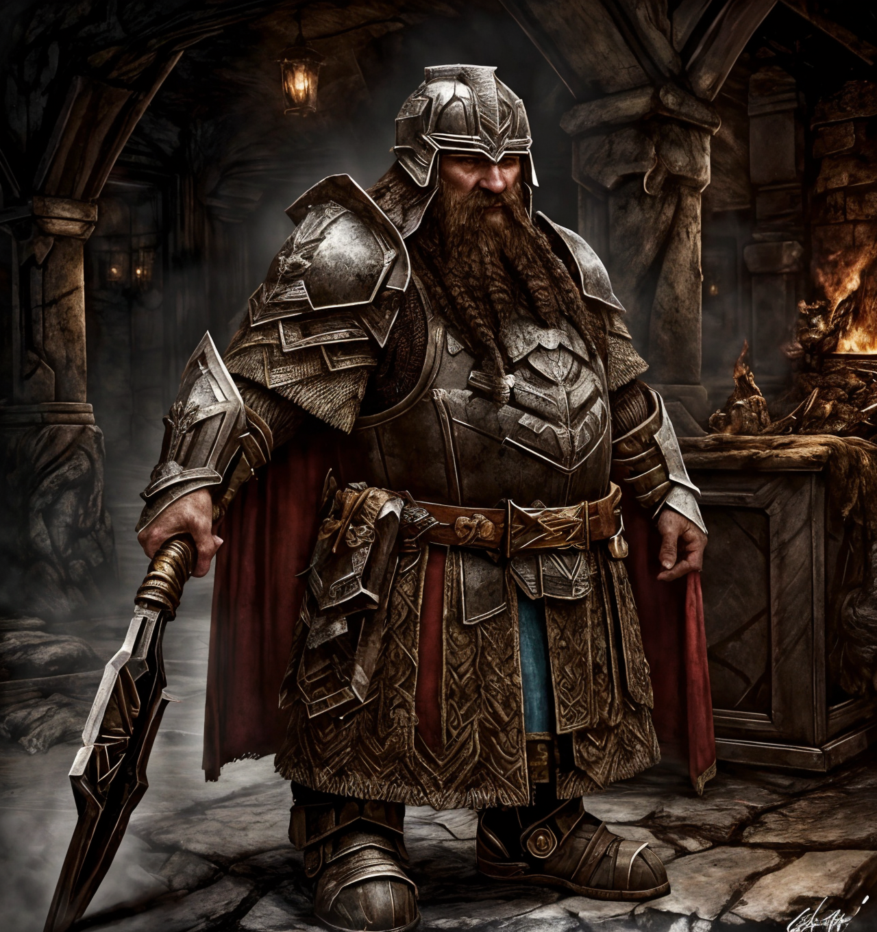 RAW photo, (masterpiece:1.3), subsurface scattering, heavy shadow, (high quality:1.4), (intricate, high detail:1.2), professional photography, HDR, High Dynamic Range, realistic, ultra realistic, photorealistic, high resolution, film photography, ambient lighting, atmospheric effects, <lora:detail_slider_v4:2>, OverallDetail, a dwarf, long beard, wearing intricate armor, DwarAr, <lora:DwarvenArmor:0.68>, belt, blue cape, helmet, in an underground hall with a dwarven forge and furnace, fire, lava, smithy, DwaRe, <lora:DwarvenRealms-10:0.5>, in the style of Tolkien, Middle Earth, Moria, ((perfect hands)), epiCPhoto