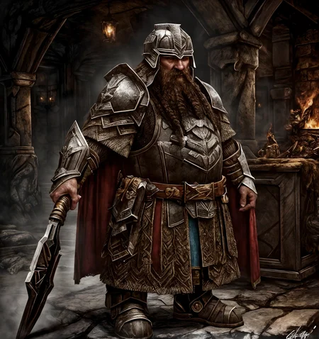 RAW photo, (masterpiece:1.3), subsurface scattering, heavy shadow, (high quality:1.4), (intricate, high detail:1.2), professional photography, HDR, High Dynamic Range, realistic, ultra realistic, photorealistic, high resolution, film photography, ambient lighting, atmospheric effects, <lora:detail_slider_v4:2>, OverallDetail, a dwarf, long beard, wearing intricate armor, DwarAr, <lora:DwarvenArmor:0.68>, belt, blue cape, helmet, in an underground hall with a dwarven forge and furnace, fire, lava, smithy, DwaRe, <lora:DwarvenRealms-10:0.5>, in the style of Tolkien, Middle Earth, Moria, ((perfect hands)), epiCPhoto
